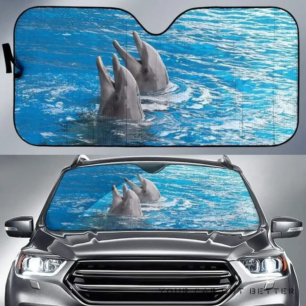 Two Gray Dolphins Swimming in The Ocean Image Car Sunshade, Two Gray Dolphins Swimming Auto Sun Shade, Windshield Visor for UV S