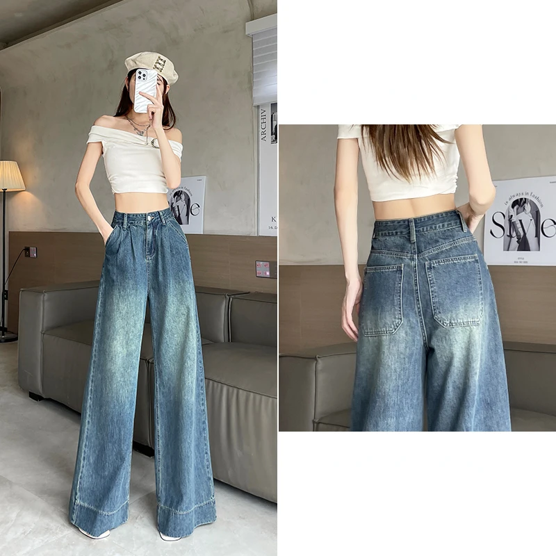 Lady High Waisted Slouchy Baggy Jeans Women Clothing Girls Fashion Casual Denim Wide Leg Pants Female Clothes Cheap Wholesale B1