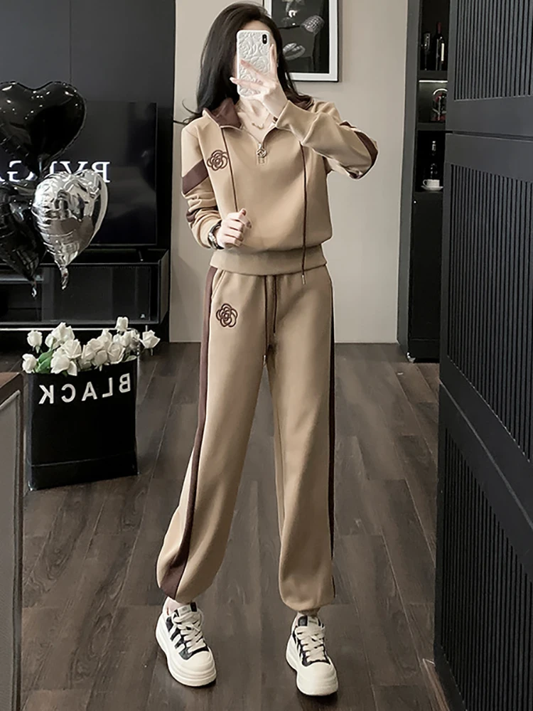 Fashion Casual Floral Hoodies Pants Two Piece Set For Women Korean Coat Trousers Suit Female Autumn Winter Tracksuit