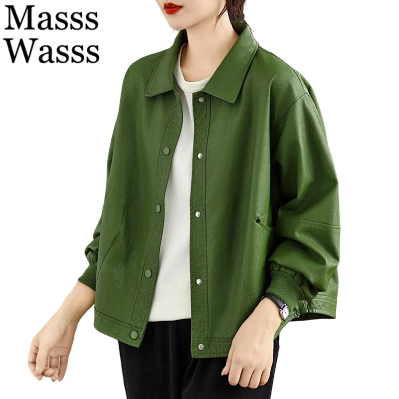 

Masss Wasss 2026 Womens British Vintage Soild Leisure Classic Faux Leather Jackets Females Spring Fashion Loose Biker PU Coats