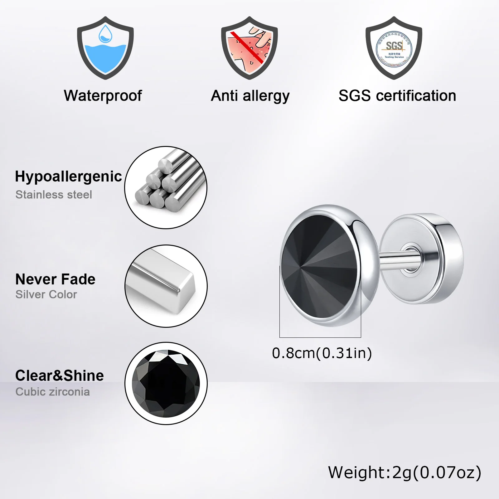 Men's Black Stainless Steel Stud Earrings, 8MM