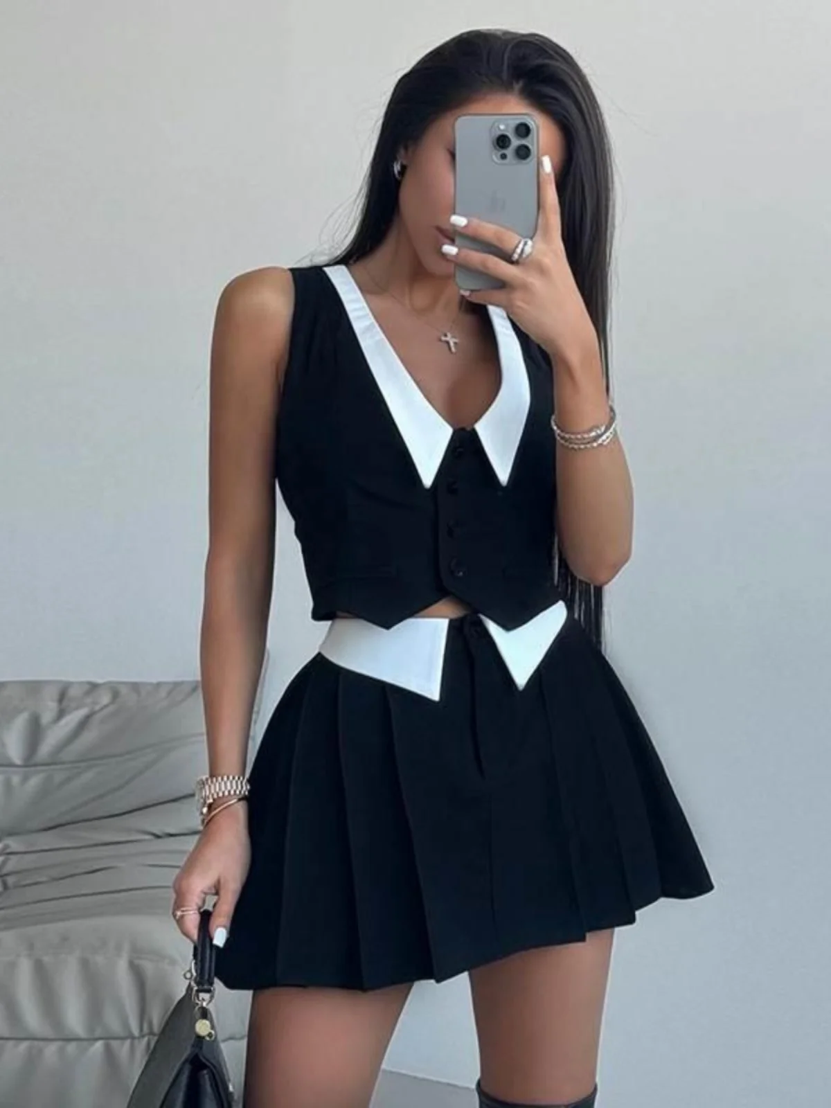 하이웨이스트 스커트와 스웨이드 돌칼라 탑 투피스 세트 캐주얼 패션 여성 의류 2024 봄 여름