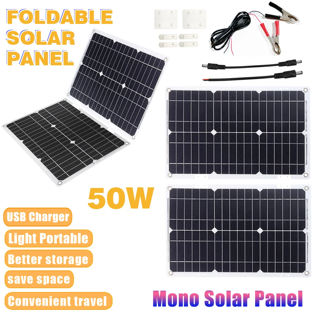 50W 18V Monocrystalline Solar Panel, 4 USB Charging Ports, Semi-Flexible Solar Battery Panel for Outdoor Power, Solar Energy