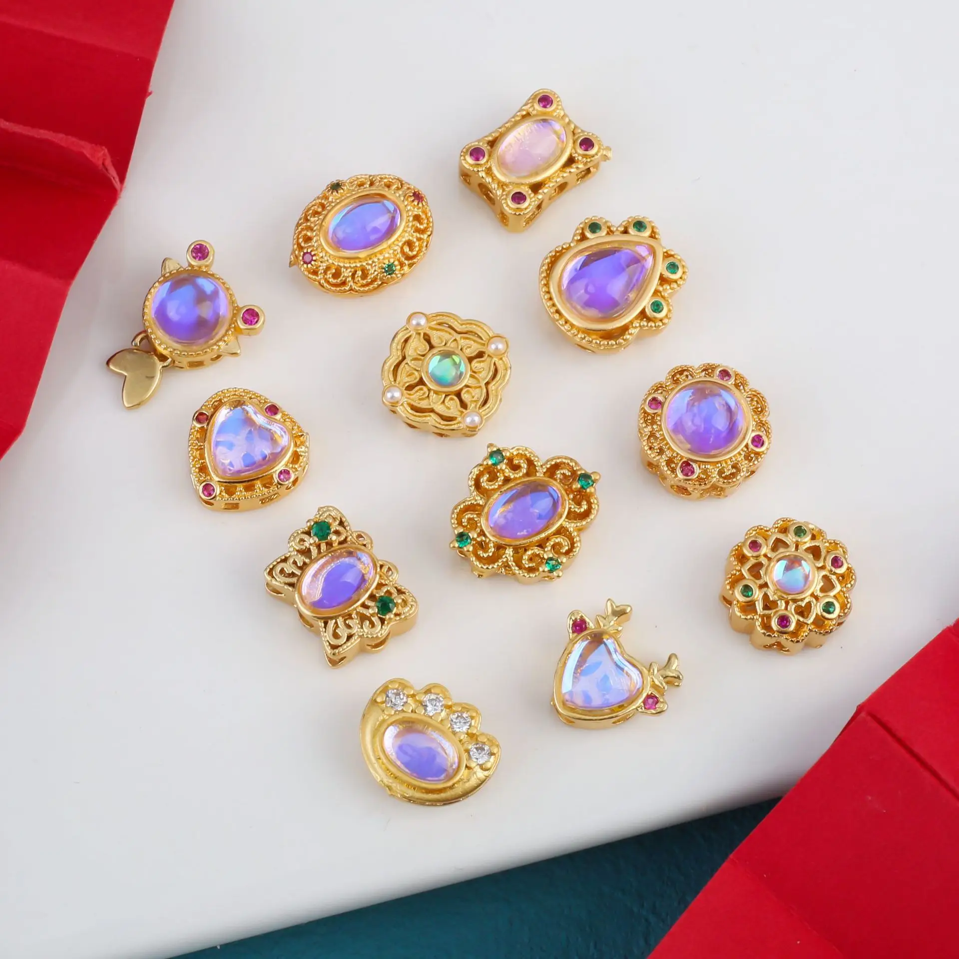 7pcs Copper Plating Hollow Multi-pass Ring Inlaid Moonstone Spacer Beads Diy Bracelet Necklace Jewelry Accessories Wholesale