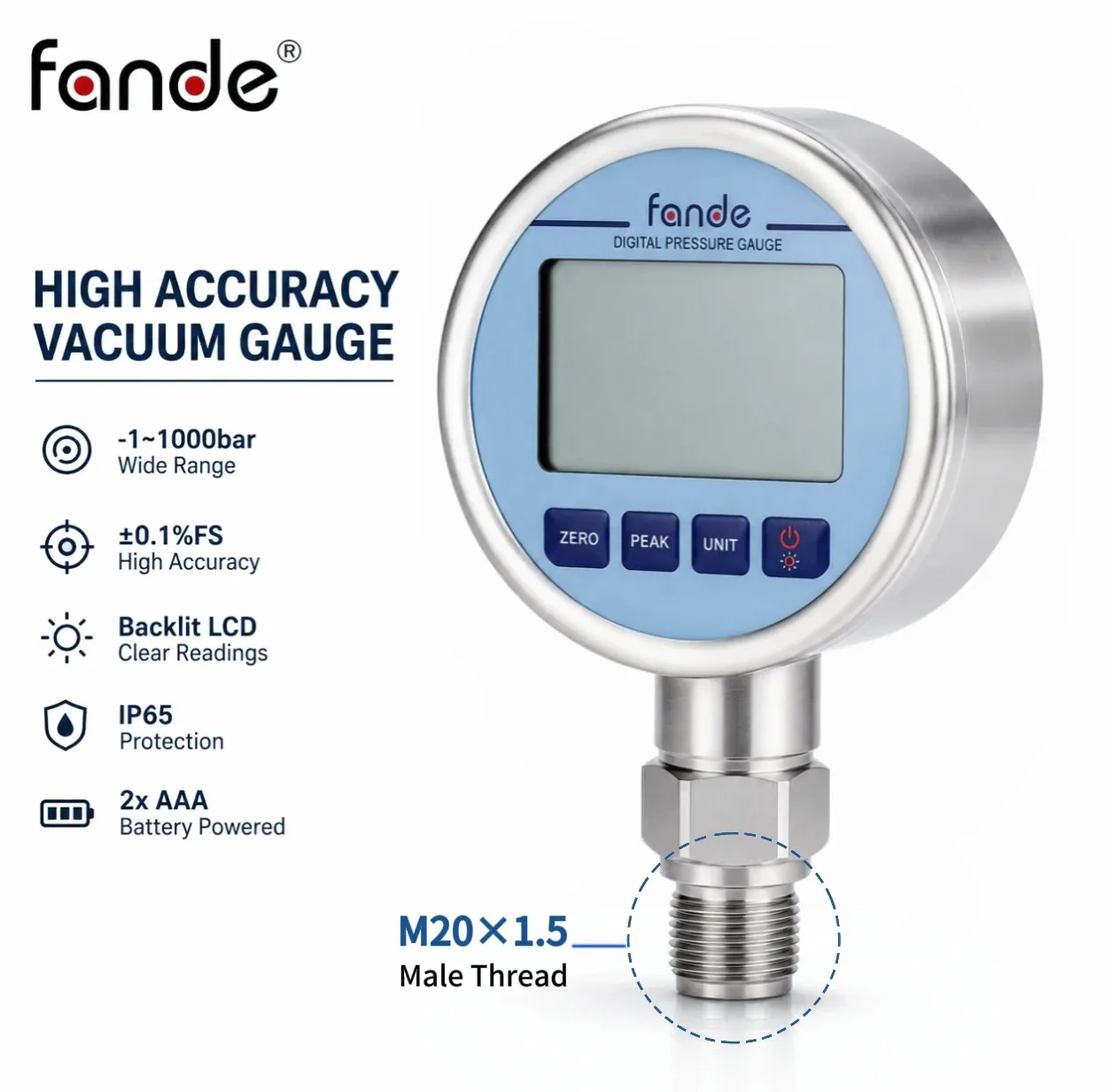 High Accuracy Vacuum Gauge -1~1000bar Intelligent Pressure M20×1.5 Display ±0.1%FS Backlit LCD for Industrial Use