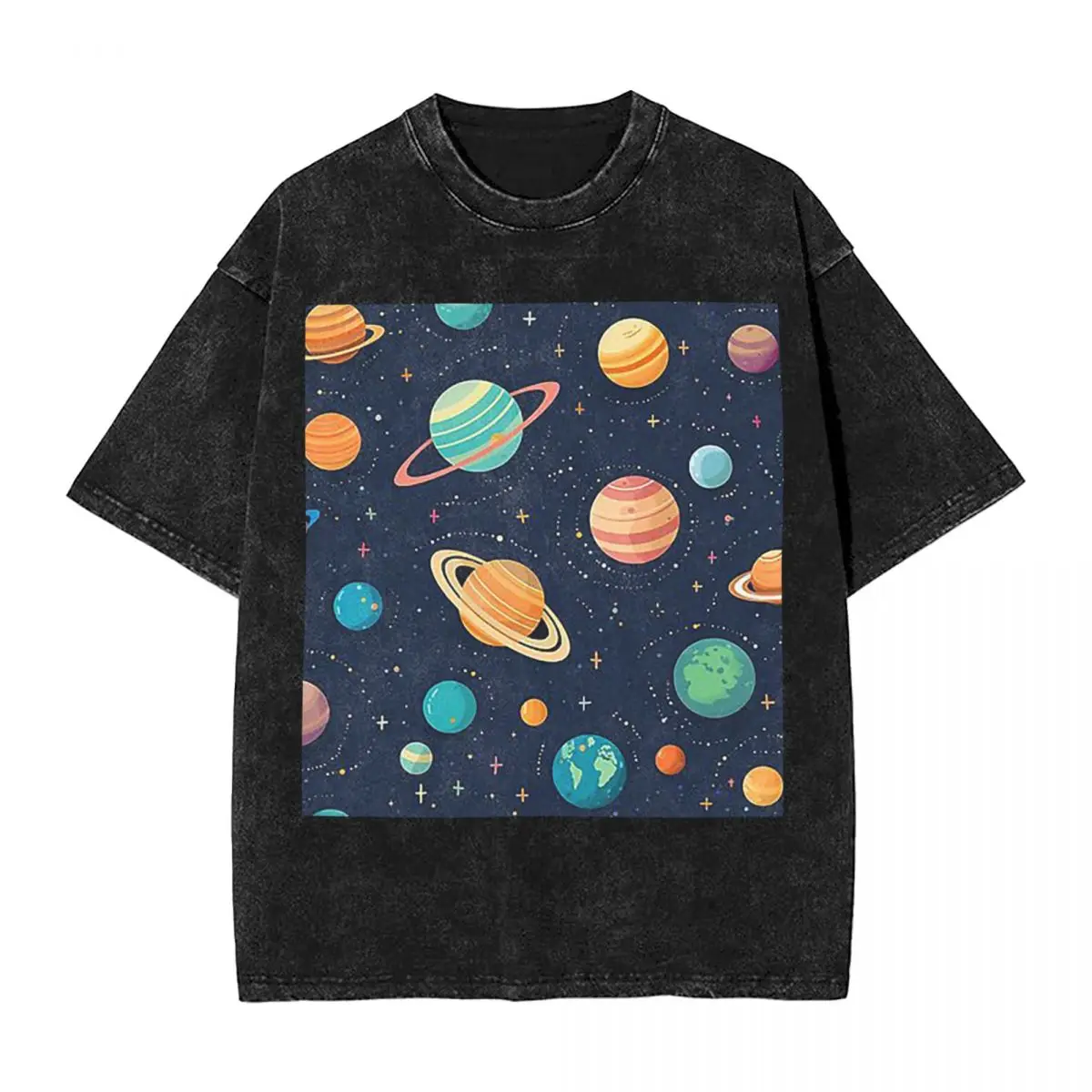 

Streetwear T-Shirts Solar System Space Planets Universe Washed T Shirt Short Sleeve Hip Hop T-Shirt Tops Tees for Men Women