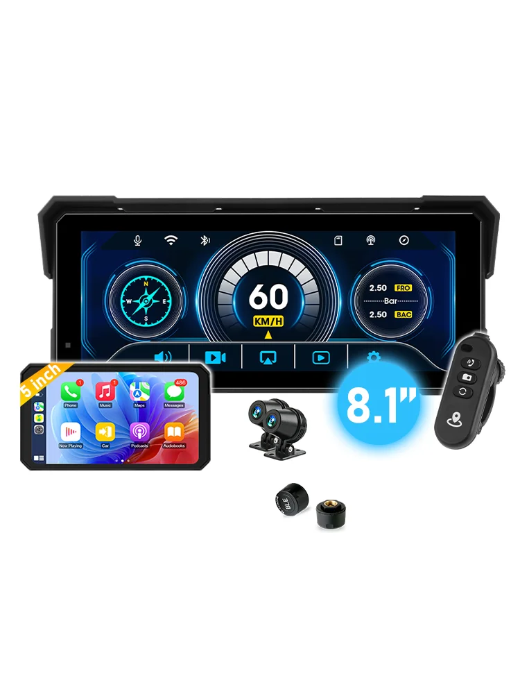 Jansite 5/8,1 cala 4K Motocyklowy Rejestrator DVR Bezprzewodowy Carplay Android Auto Nawigacja GPS HD Kamera na deskę rozdzielczą Wodoodporna IP67 Ekran dotykowy IPS Podwójna kamera przednia i tylna — 2