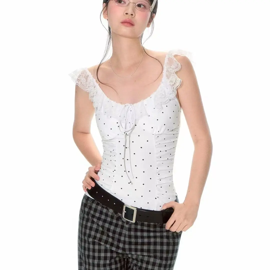 

Kimotimo Sweet Y2k Vest Women Gray Lace Flying Sleeve Folds Polka Dot Short Tank Top 2025 Summer Fashion Slim Fit Chic Camisole
