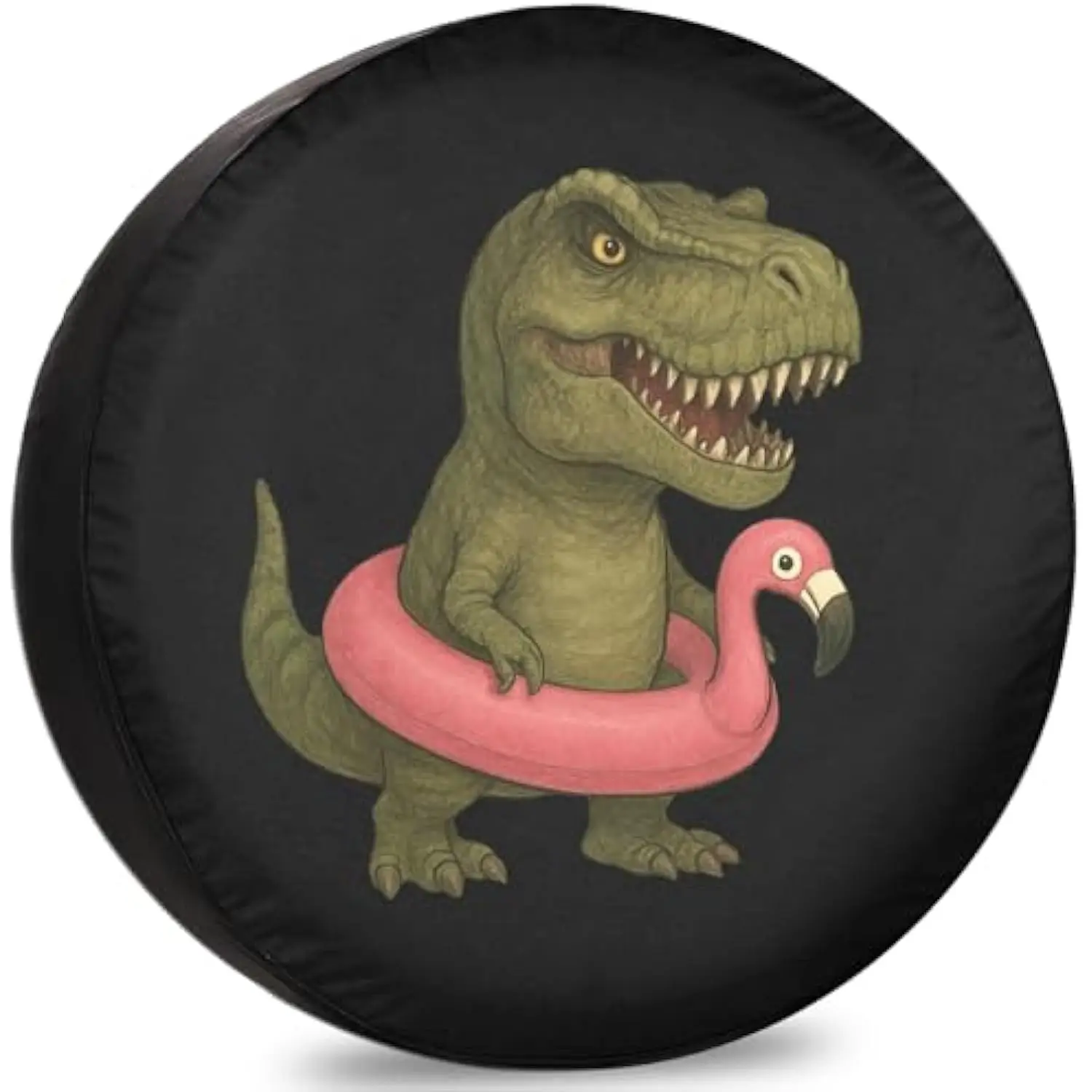 T Rex In Flamingo Float Spare Tire Cover Funny Dinosaur Weatherproof SUV Trailer Accessory