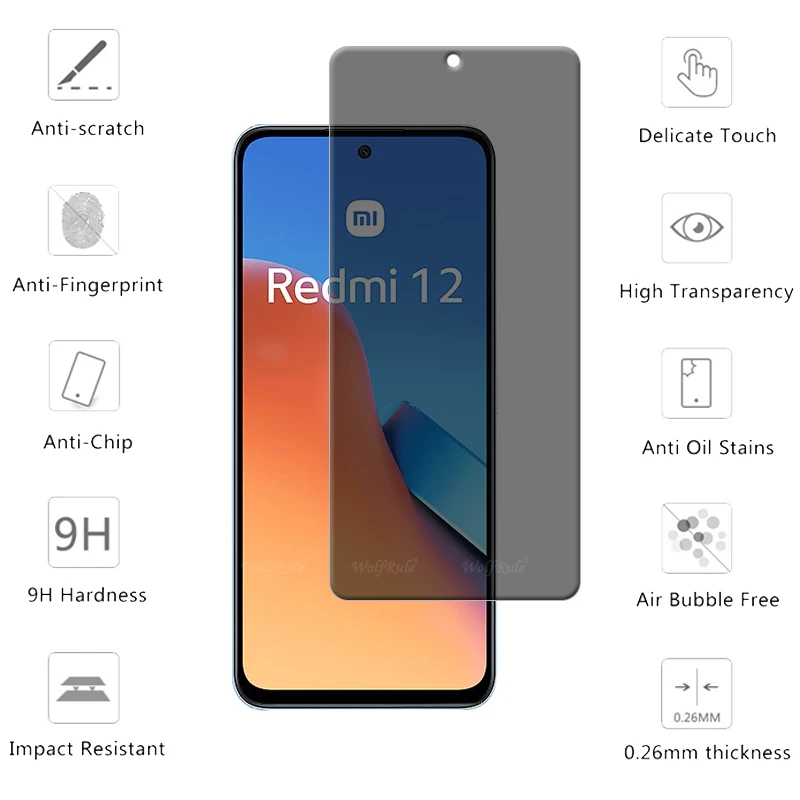 4Pcs For Redmi 12 Glass Xiaomi Redmi 12 Tempered Glass 9H Anti-Spy Cover Glue Privacy Screen Protector Redmi 12 Redmi12 5G 6.79"