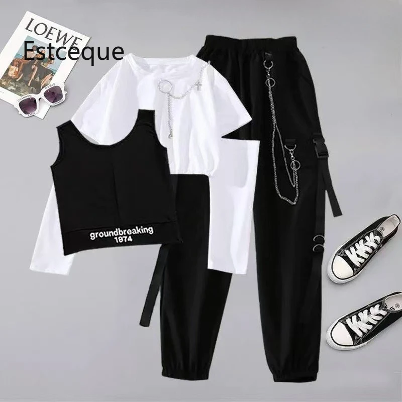 

New 2025 Suits Women Removable Sleeve with Chain Top Casual Waistband Cargo Pants Sets Woman Tracksuit