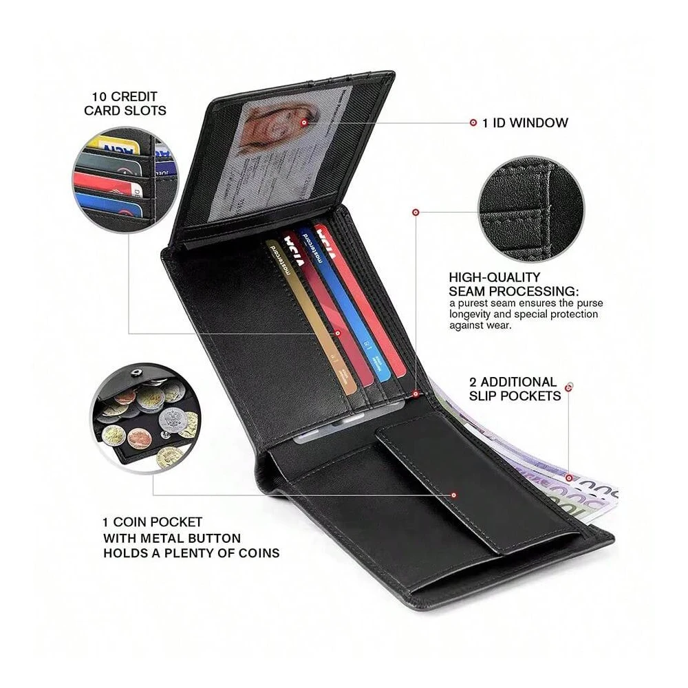 Customized name 100% genuine cowhide leather wallet, RFID barrier ultra-thin three-in-one men's wallet, anti-theft wallet
