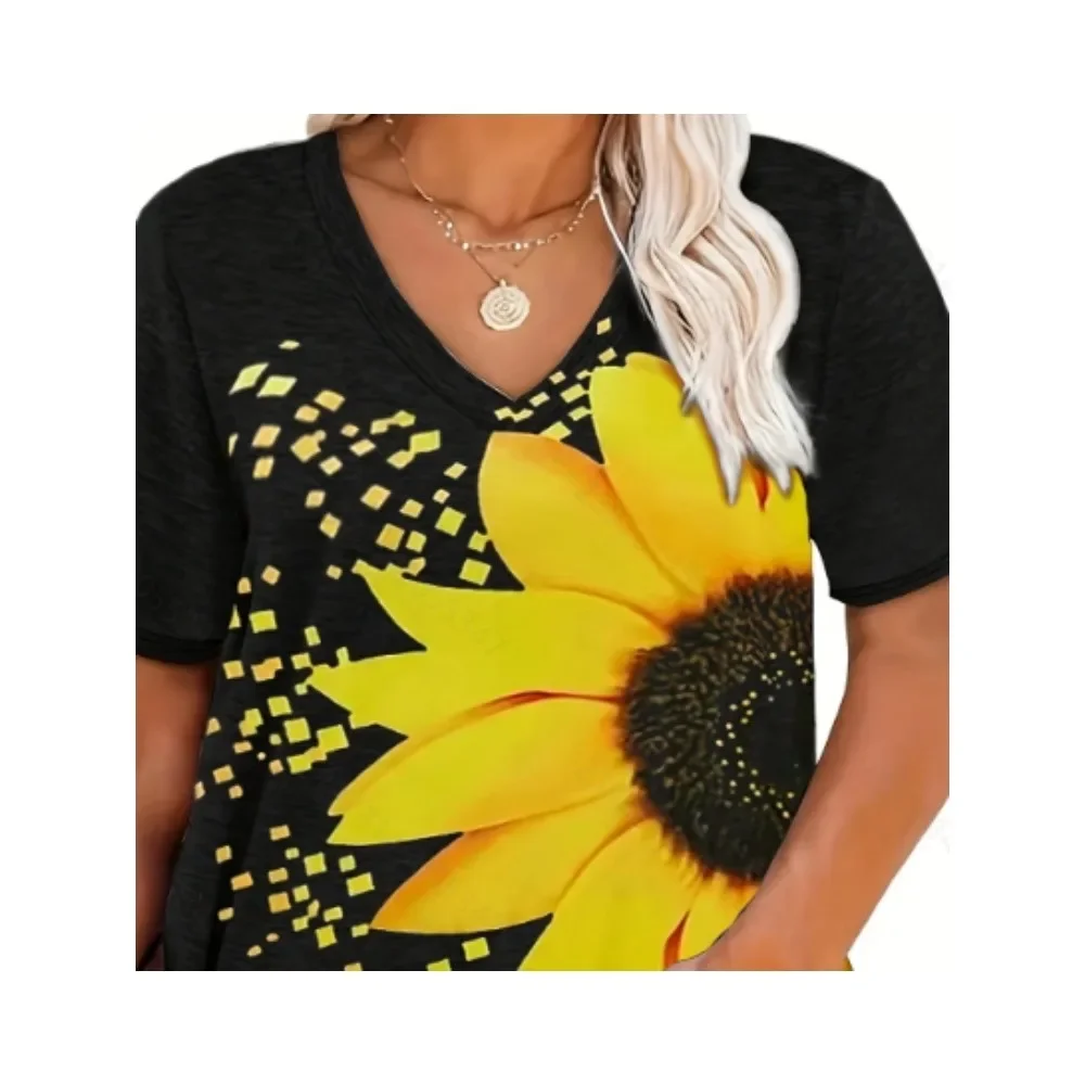 Plus Size 1XL-5XL New Women's Sunflower Printed T-Shirt Casual Half Sleeved Top Women V-neck Color Checkered Print T-shirt