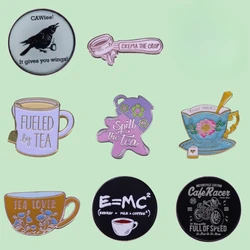 Superior Quality Cup Enamel Pins Round Coffee Cup Crow Girl Cartoon Lapel Brooches Bag Jeans Jewelry Gifts For Friends Wholesale