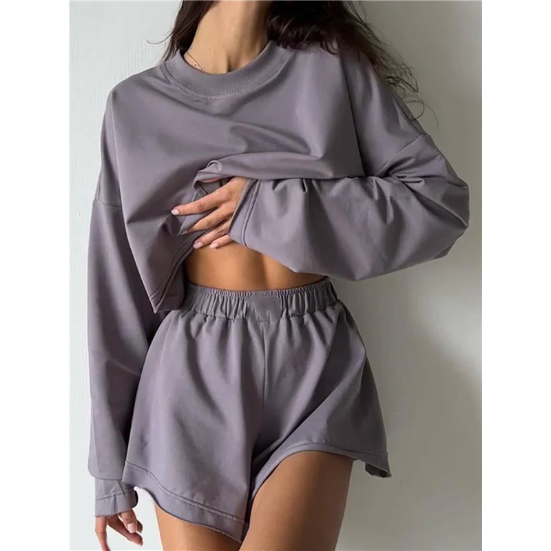 2-teiliges Damen-Outfit, Sweat-Shorts-Set, übergroß, lässig, Lounge, passendes Set, Sweatsuit, Trainingsanzug, Herbstkleidung