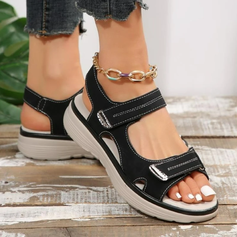 Women Designer Hook Loop Sandals Summer New Woman Leather Pu Light Leisure Wedge Platform Shoes Girls Outside Anti-slide Shoes