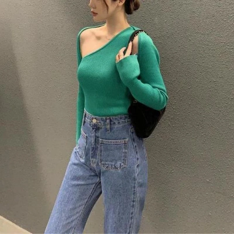 Green Hollow Out Sweater Sueters Mujer Pullover Jumper Sexy Diagonal Shoulder Top Knitted Shirts for Women Black Jersey Sweaters