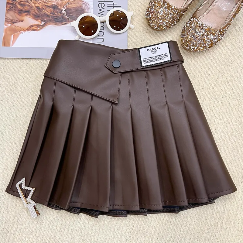 2024 Spring Autumn Toddler Dress Fashion Kids Girl Brown/Black Faux Leather Skirts High Quality Pleated PU Skirt For 2-8 Years