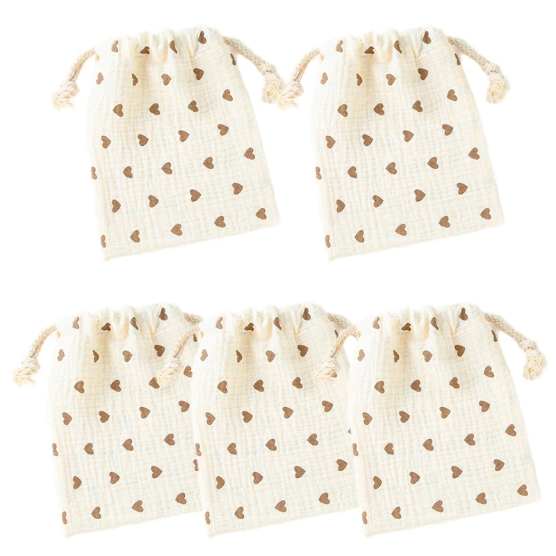 

5pcs Natural Cotton Mommy Storage Bags Outdoor Baby Diaper Carrier Cute Heart Printing Drawstring Pouches Baby Accessories