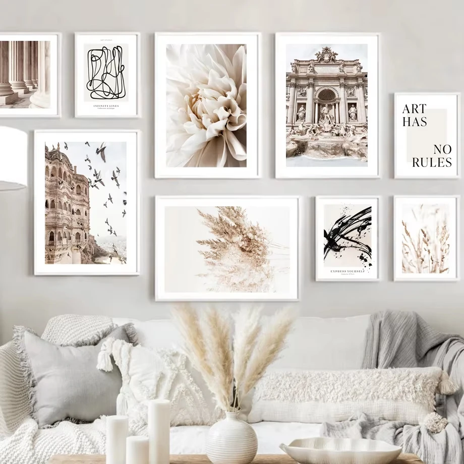 Fuente, castillo junto al mar, pájaro, piedra, Pilar, caña, flor, arte de pared, pintura en lienzo, póster nórdico, impresión, decoración para sala de estar, Mural