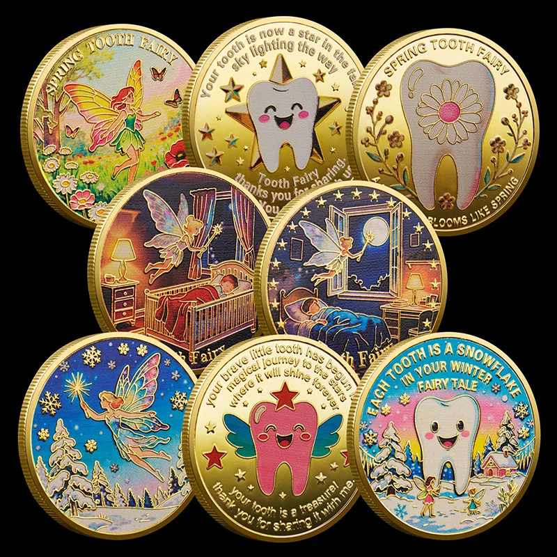 Tooth Fairy Gold Plated Commemorative Coin Personalized Tooth Replacement Lucky Coin in Spring Summer Autumn and Winter