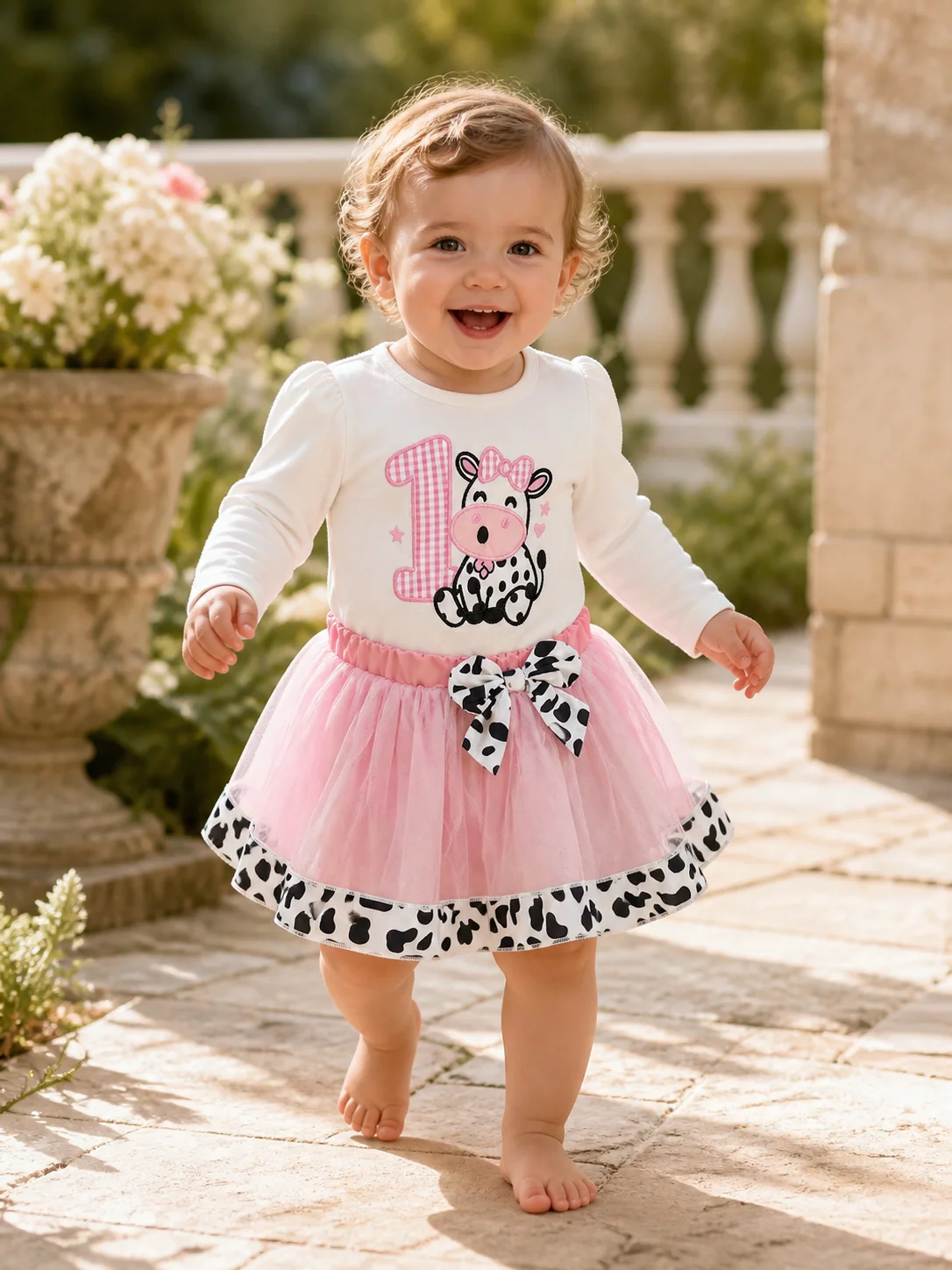 Little Baby Girl First Birthday Cow Costume 95% Cotton Long Sleeve Romper Pink Cow Pattern Tulle Tutu Skirt 2Pcs Outfit