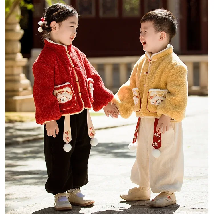 Chinese New Year Clothes 2023 Baby Tang Suits Plus Velvet Thicken Warm Winter Infant Outwear Unisex Brother and Sister Suit