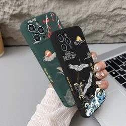 Chinese Style Crane Phone Case for iPhone 16 15 14 Plus 13 12 Mini 11 Pro Max X Xs XR 7 8 Straight Edge Soft Silicone TPU Cover