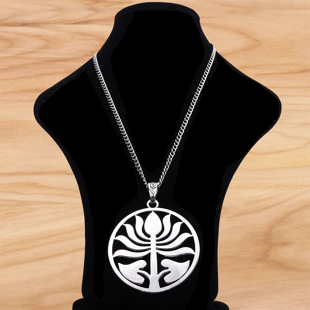 Large Hollow Open Lotus Flower Circle Round Pendant on Long Chain Necklace Lagenlook 34 Inches for Jewelry Women Men Gift