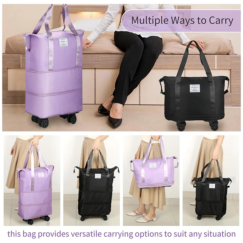 حقيبة من القماش الخشن بعجلات قابلة للطي وقابلة للتوسيع مع 360 درجة °   مقبض العجلات والحمل للرجال والنساء، حقيبة تسوق ذات سعة كبيرة لأمتعة السفر