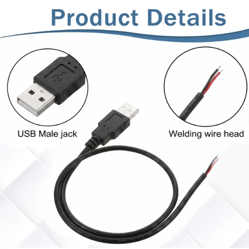 For DIY Repair 22 AWG USB 2.0 Male Female Plug to 2pin 4pin Bare Cable (Black)  5V 3A Power Data Charging Cable