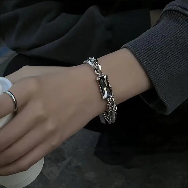 Trend Black Zircon Titanium Steel Bracelet For Men Women Korea Silver Color Geometric Splice Chain Bracelet Unisex Jewelry