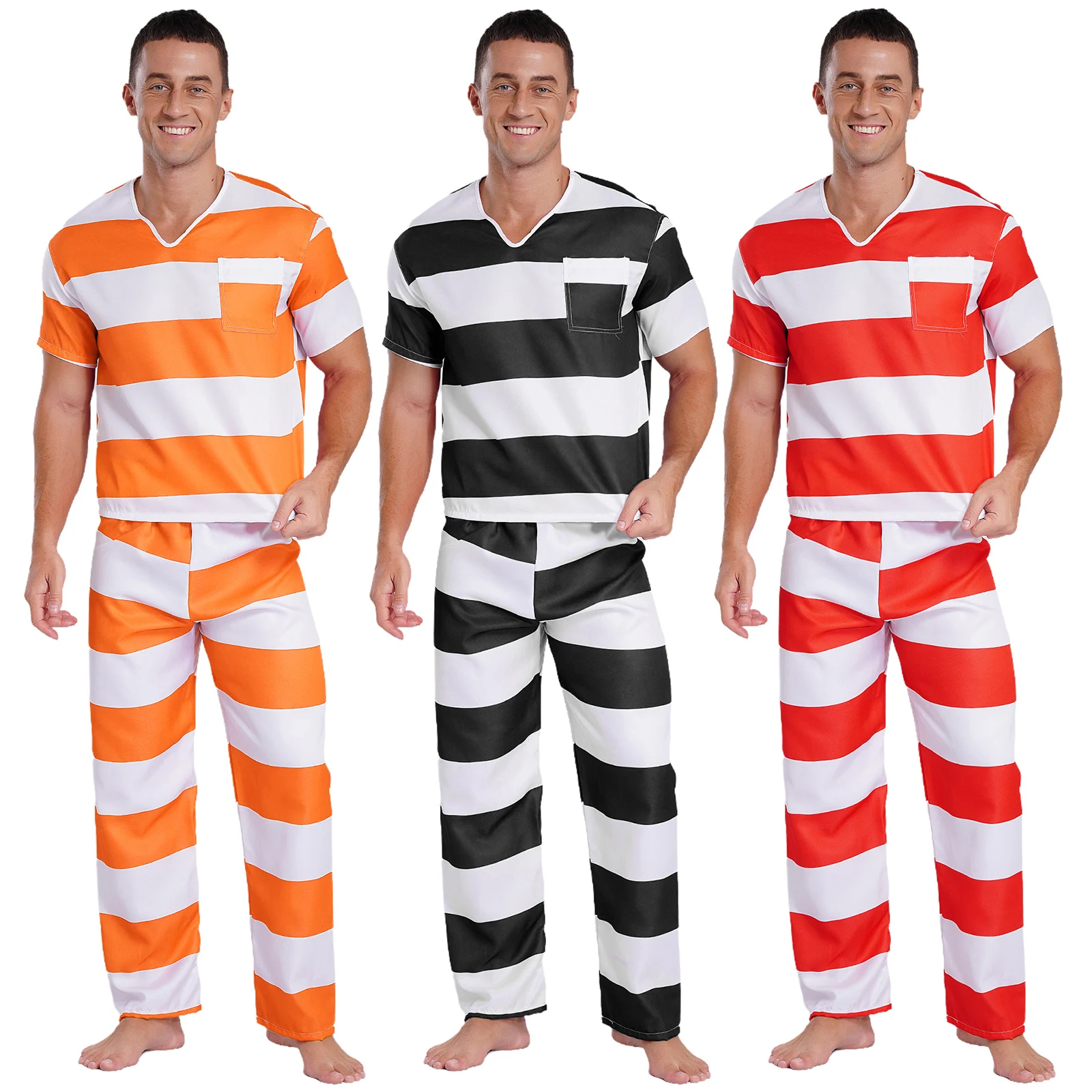 Mens Prisoner Costume Uniform Halloween Guilty Prisoner Sets Striped Short Sleeve Shirt Top and Pants Jailbird Convict Outfits