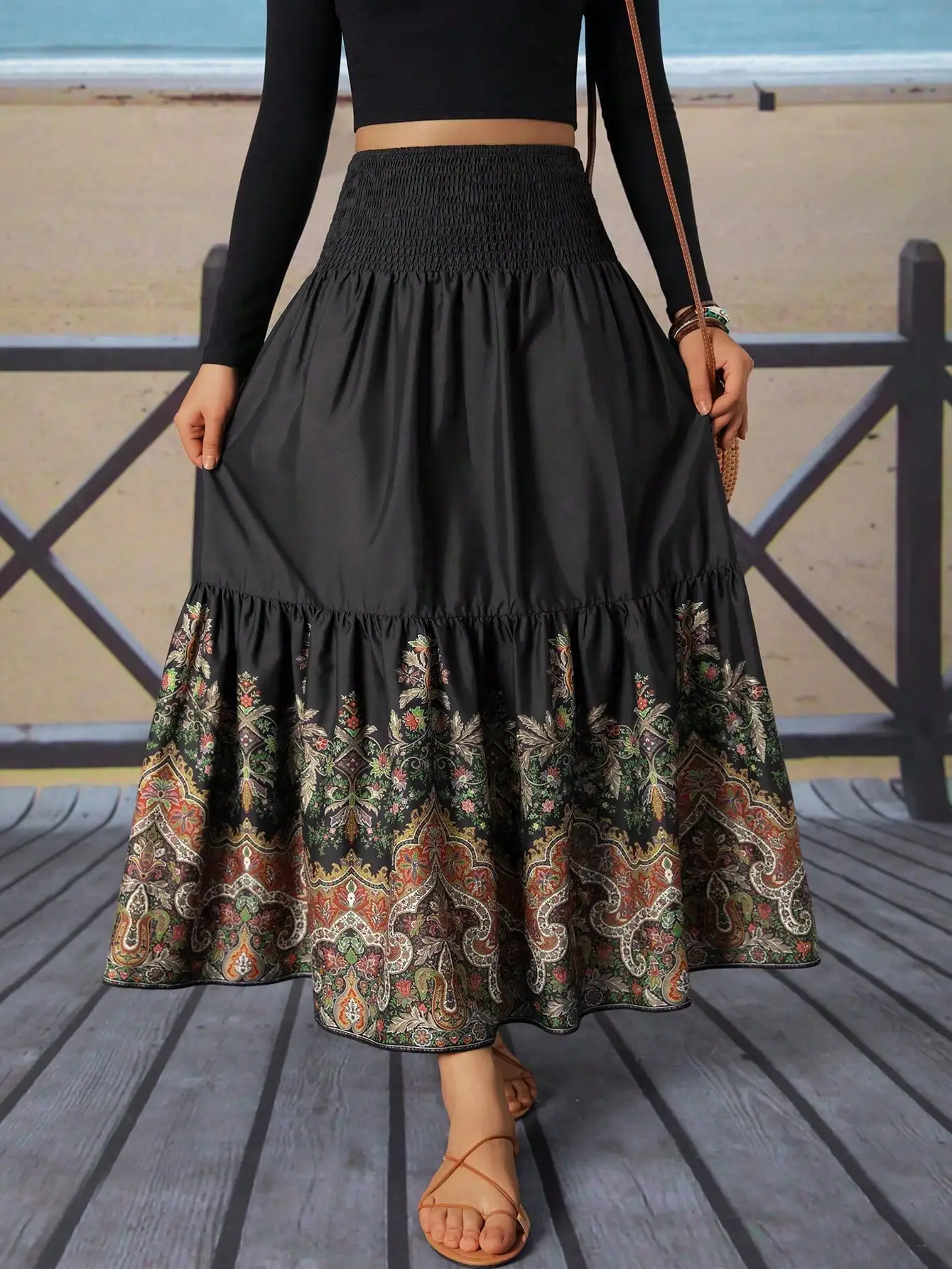 

Women's Dress Skirts with Smocked Waist Tiered Paisley Floral Print Bohemian Maxi Skirt for Beach Vacations