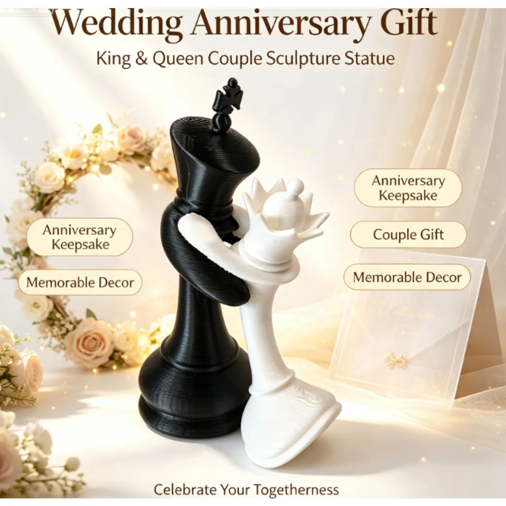 3D King Queen Couple Statue Funny Chess Style Sculpture Desktop Decor Ornament Unique Romantic Gift for Wedding Anniversary