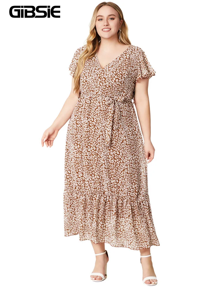 Gibsie Plus Size Boho Print Surplice Hals flattern Ärmel Gürtel Kleid Frauen Urlaub Strand lässig Rüschen Saum Sommer Maxi kleider