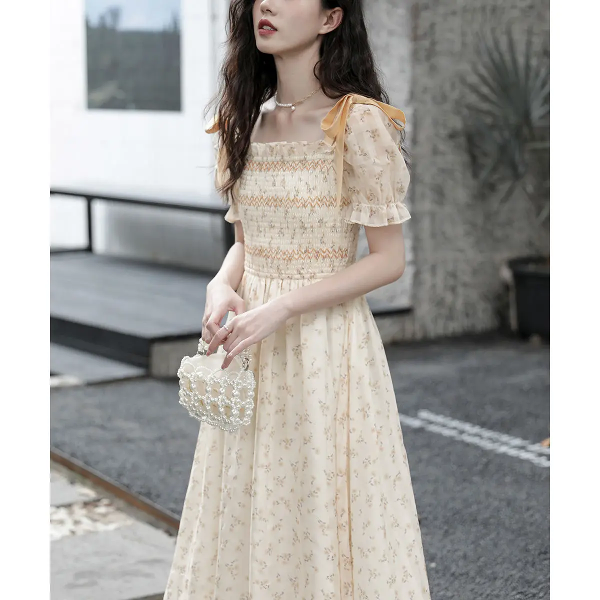 

Women Dresses Chiffon Square Neck Bandage Puff Sleeves Floral Long Dress Fashion Elegant Fairy Vintage 2024 Summer New