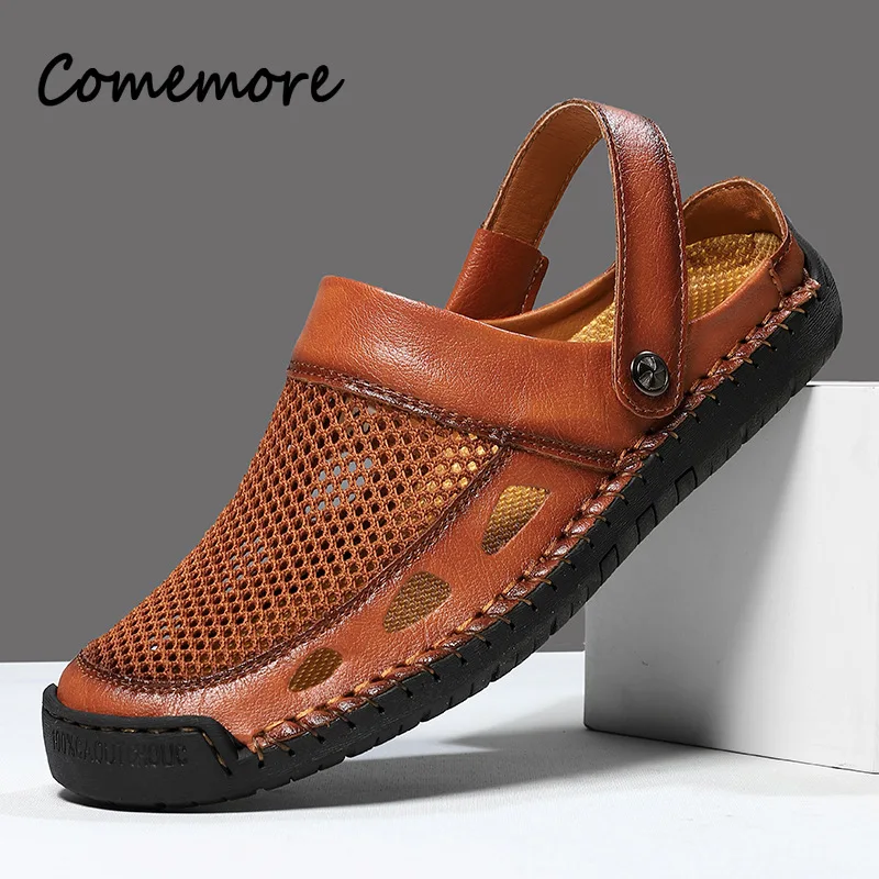 Comemore 38-48 Men Sandals Summer Mesh Breathable Shoes Male Slip-On Weaving Design Soft Bottom Non-Slip Beach Roma Slippers