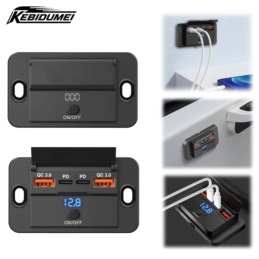 KEBIDUMEI QC3.0 Fast Charging Outlet Panel 4-Port Car Charger Socket Panel with Voltage Display Car Accessories For Bus RV Truck