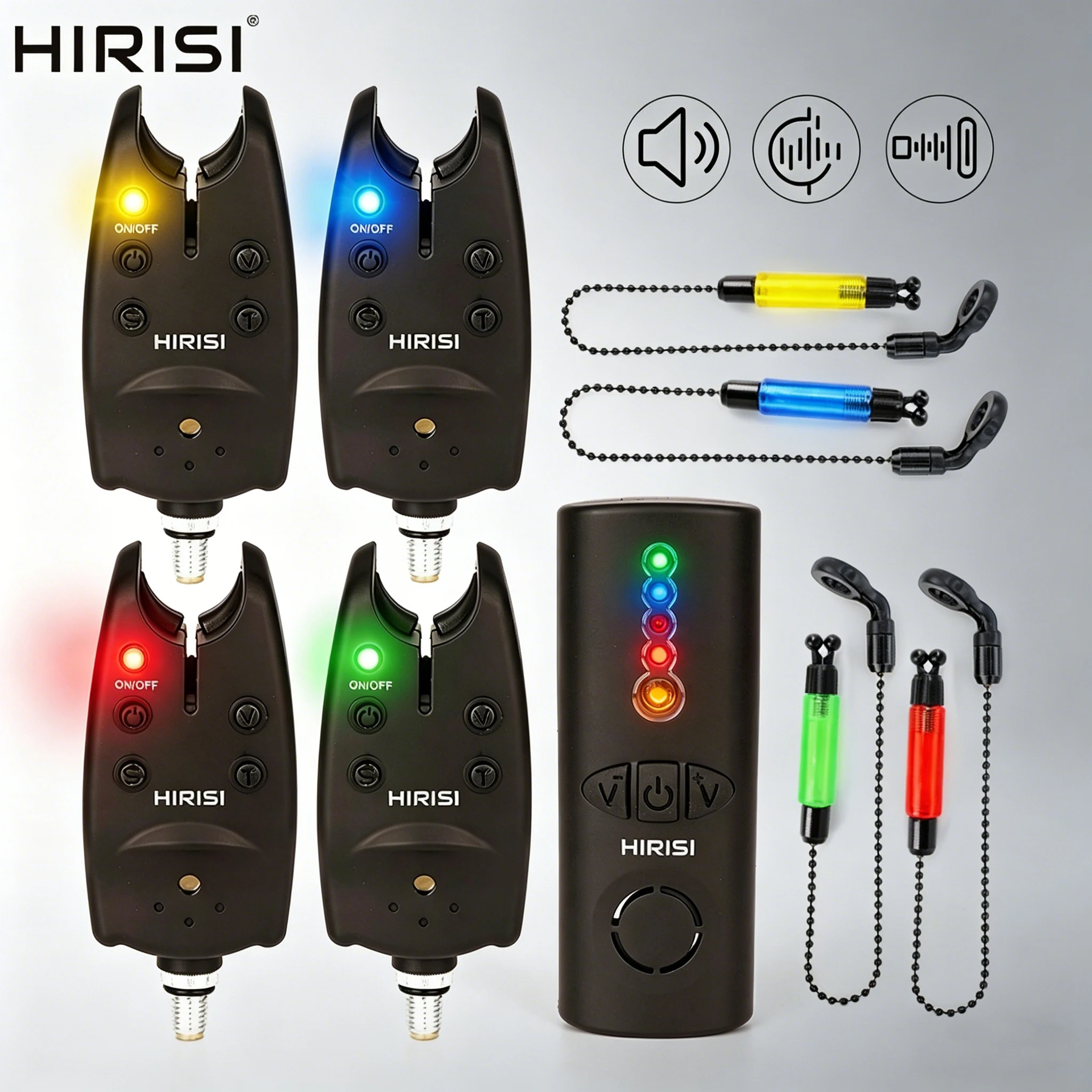 Hirisi Kabelloses Karpfenangel-Bissalarm-Set 1+4 Wasserdichter LED-Indikator mit Swinger Nachtangel-Zubehör SR