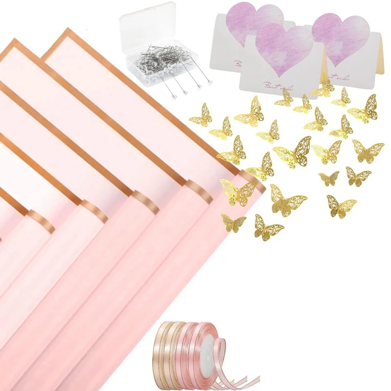 40 Sheets Flower Wrapping Paper With 4 Rolls Flower Ribbons, 20 Cards, 36 Pcs 3D Gold Butterflies