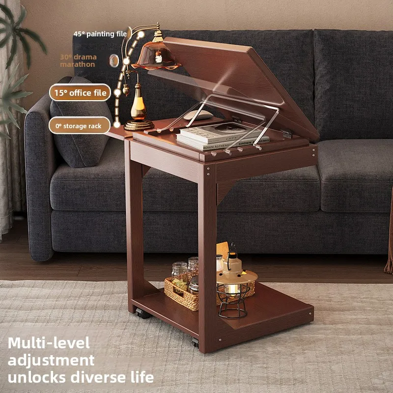 Light luxury bamboo mobile edge table, living room coffee table, sofa edge table, flip bedside table, double-layer storage rack