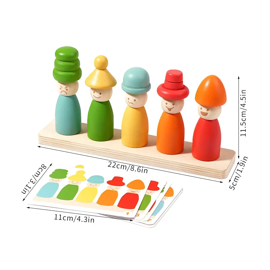 Montessoris Giocattoli per l'apprendimento precoce in legno Ordinamento dei colori Abilità motorie fini Cappello da burattino Gioco di partite per il viso Giocattoli impilabili creativi per bambini