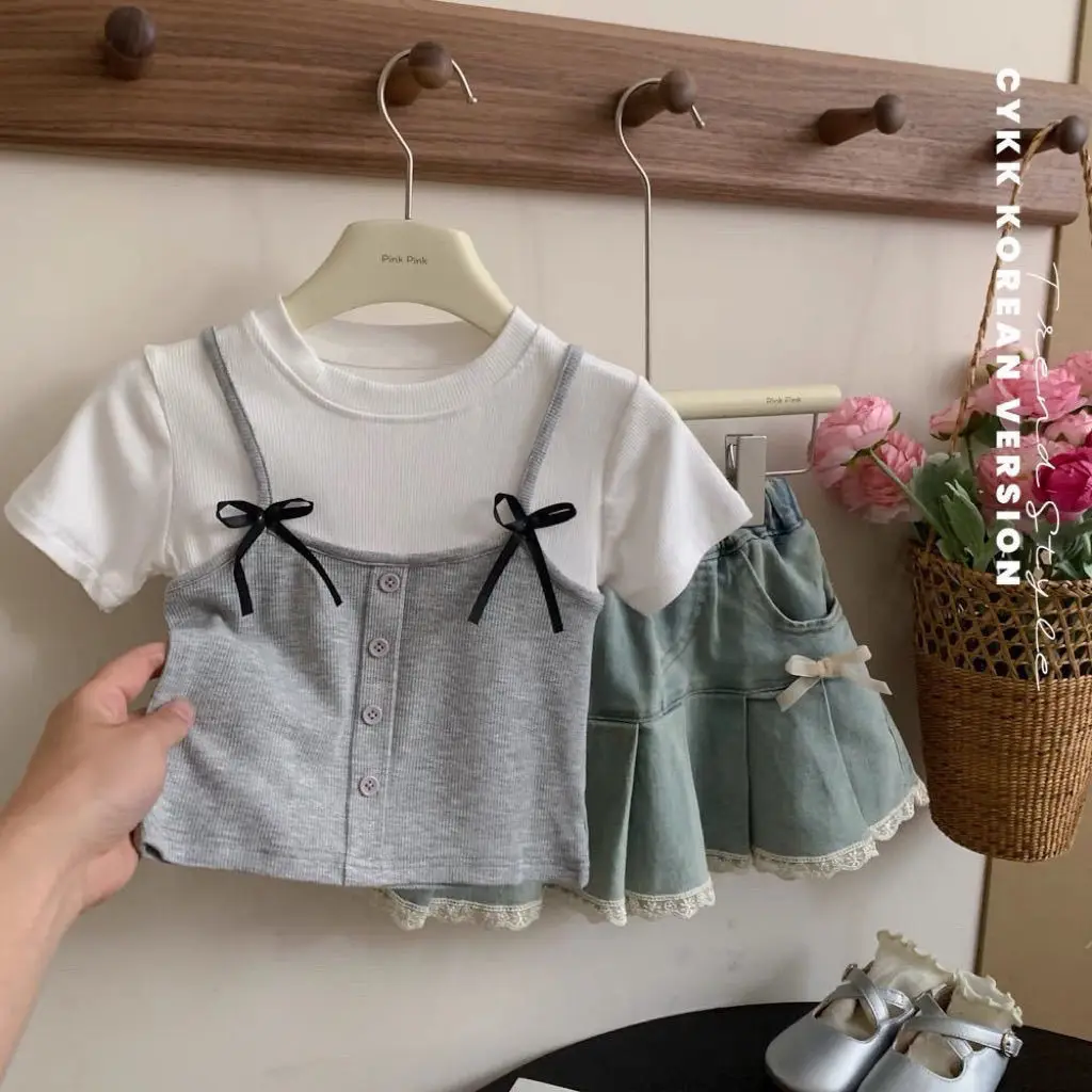 Girls' Short Sleeved T-shirt 18M-9Y Children's Summer Vacation Two Piece Half Sleeved Baby Top