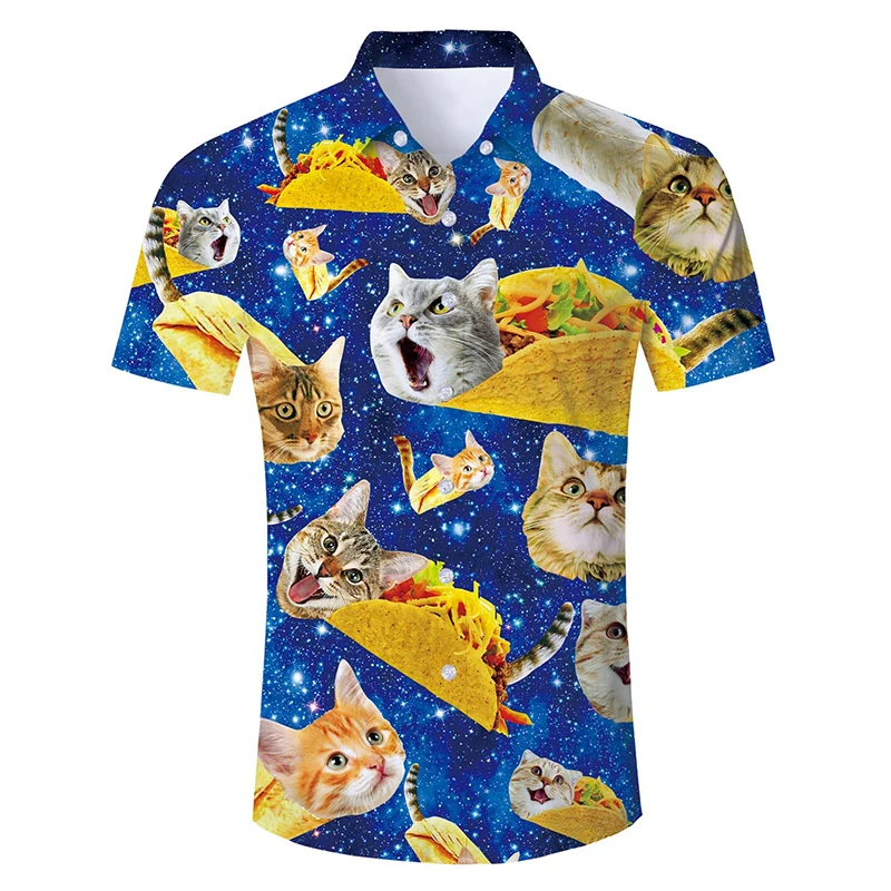 Mens Casual Button Down Shirts 3D Printed Funny Cat Pattern Short Sleeve Tee Shirt Tops Oversized Mens Hawaii Style Beach Shirt