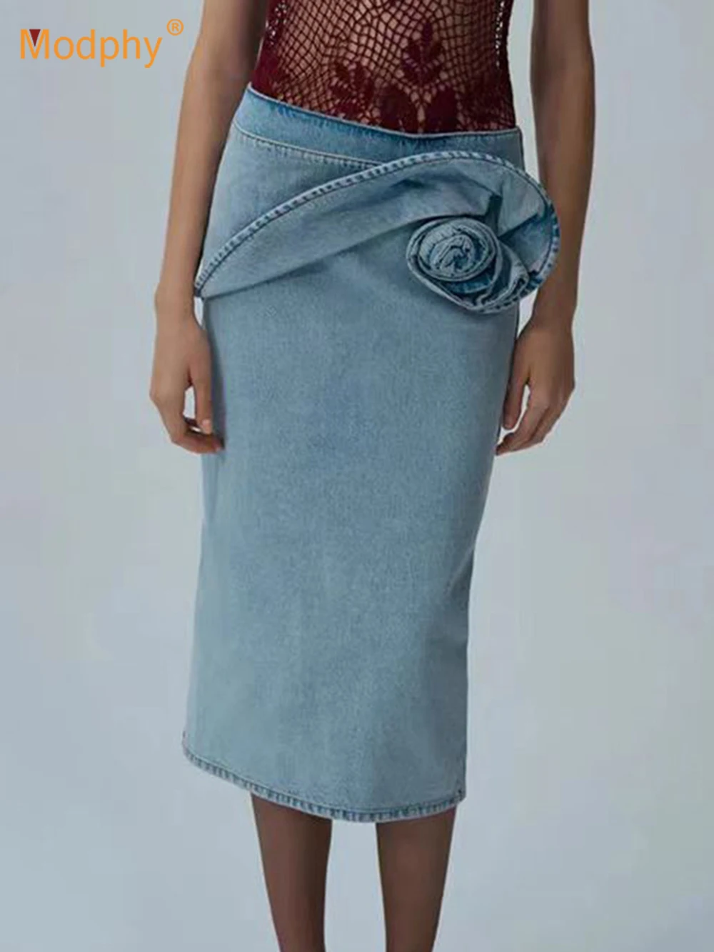 

Modphy Twisted flower Denim Skirt 2025 Summer Personality High Waist Streetwear Zipper Midi Skirts Y2k Female Casual