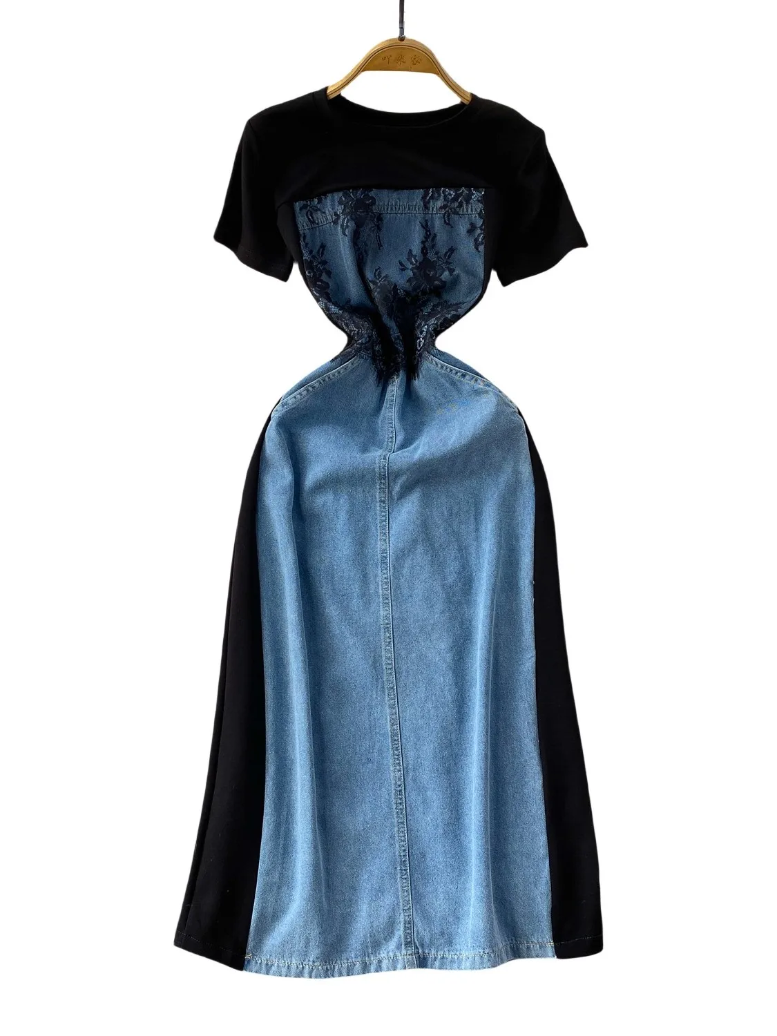 กระโปรงยีนส์ทรงเอวสูง ผ้าเดนิม แต่งผ้าลูกไม้ ทรงเข้ารูป ความยาวปานกลาง สไตล์เกาหลี เหมาะสำหรับใส่ไปทำงาน