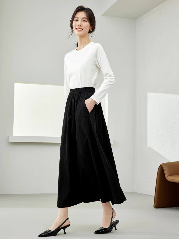 Vimly Women\'s Black Long Skirt 2024 Spring New In Elegant A-line Elastic Waist Female Swing Maxi Skirts Woman Clothing M6068