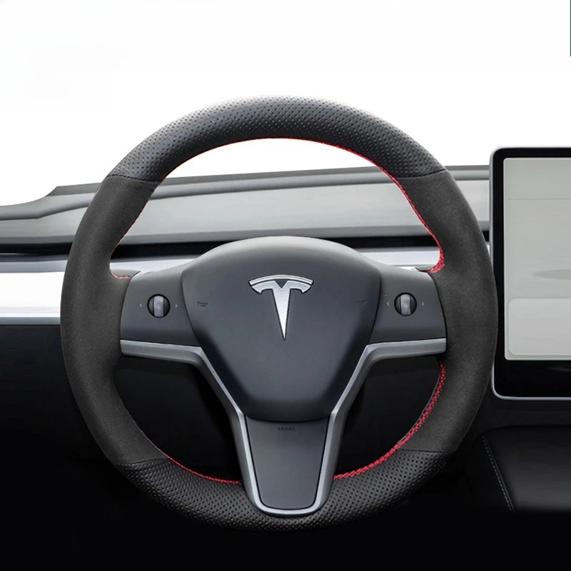 

For Tesla Model 3 2015-2021 Model Y 2019-2021 Car accessories Hand Stitched black Genuine leather Suede car steering wheel Cover