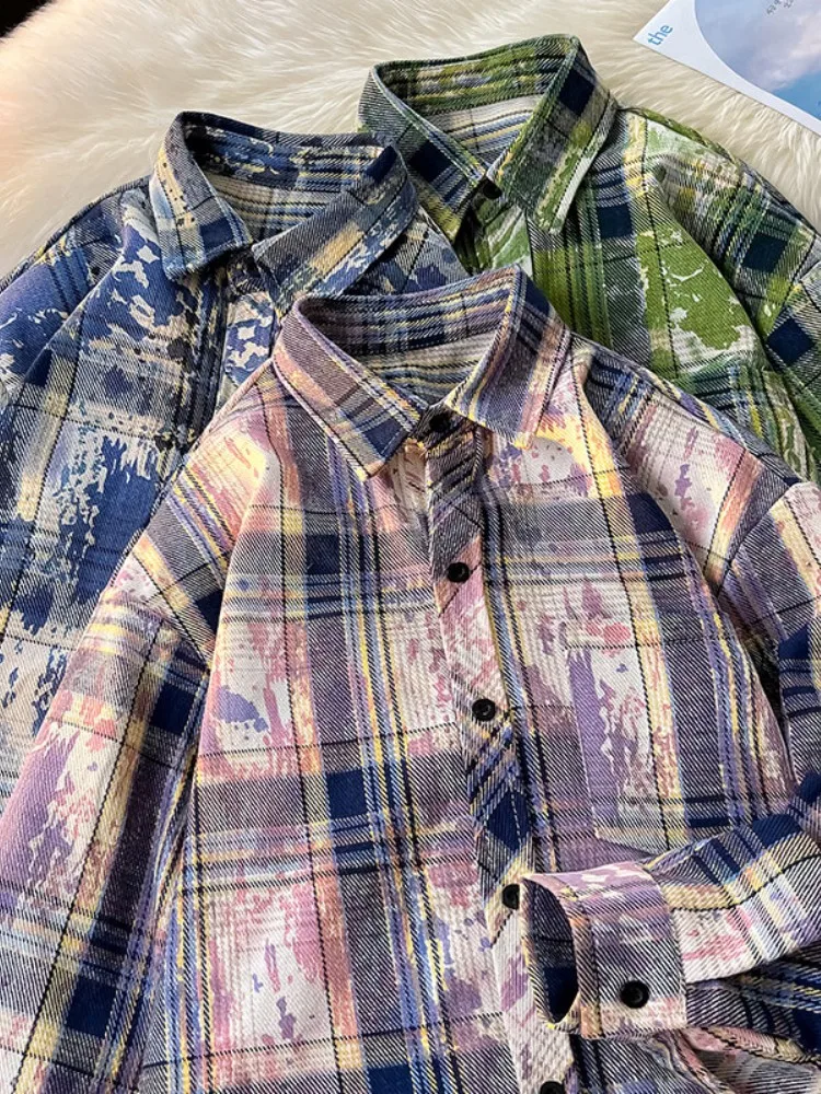2025 Spring and Autumn Men's Green Plaid Shirt American Retro Style Purple Blue Tie-Dye Casual Long Sleeve Shirt